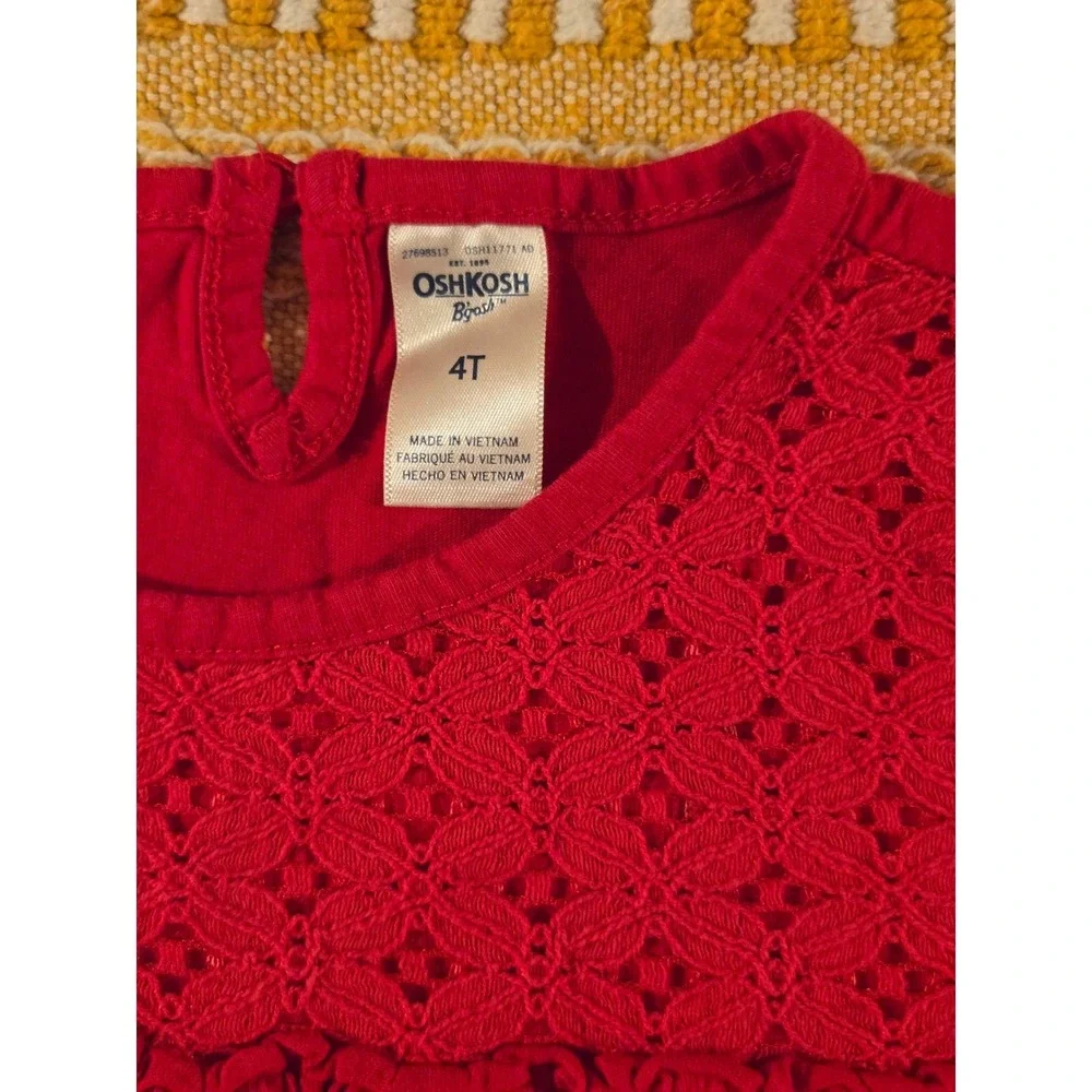 OshKosh B'gosh Red Lace Yoke Long Sleeve Top‎ Tunic Girls Size 4T